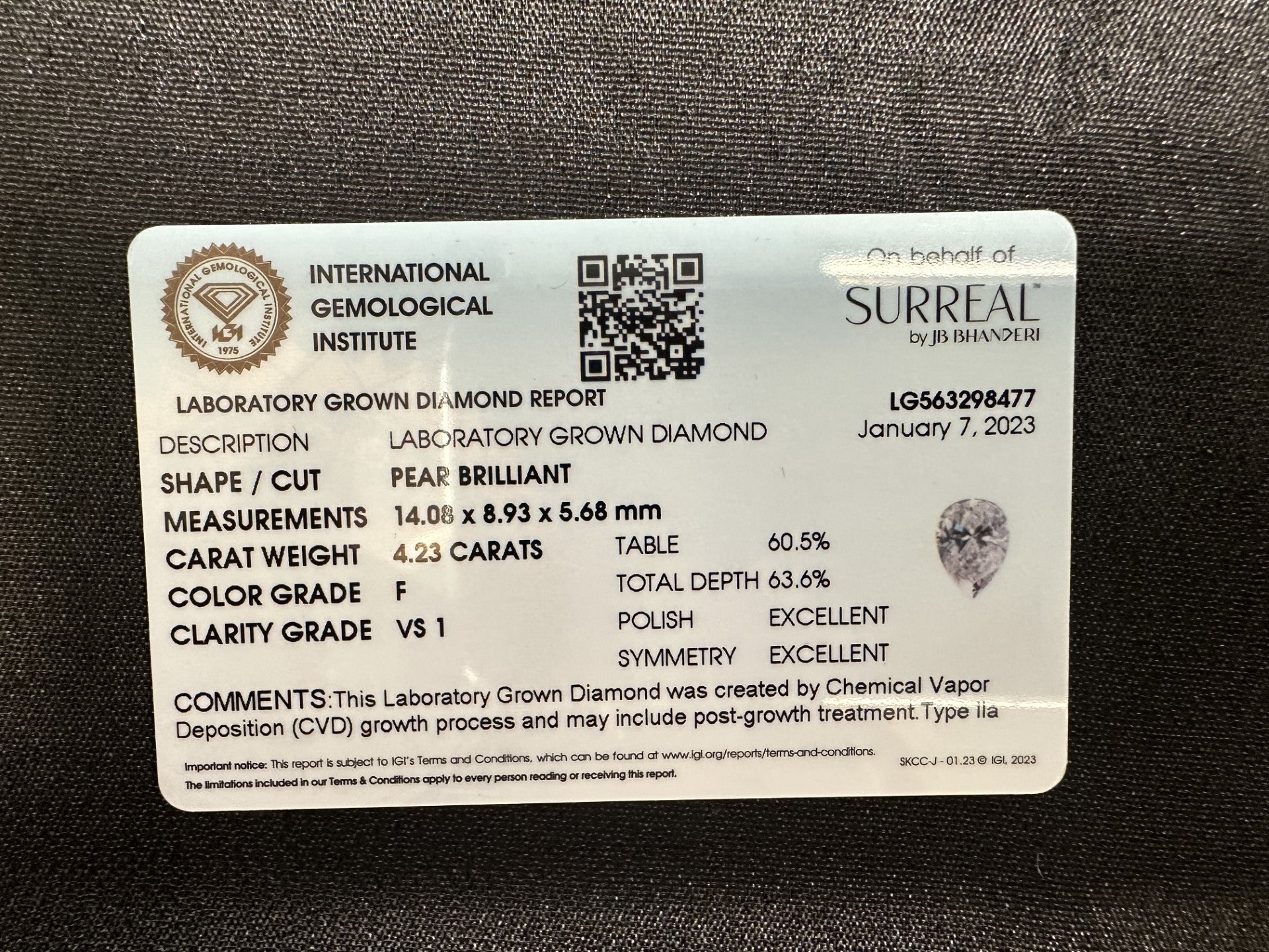 4.23 ctw Pear Lab-Grown Diamond