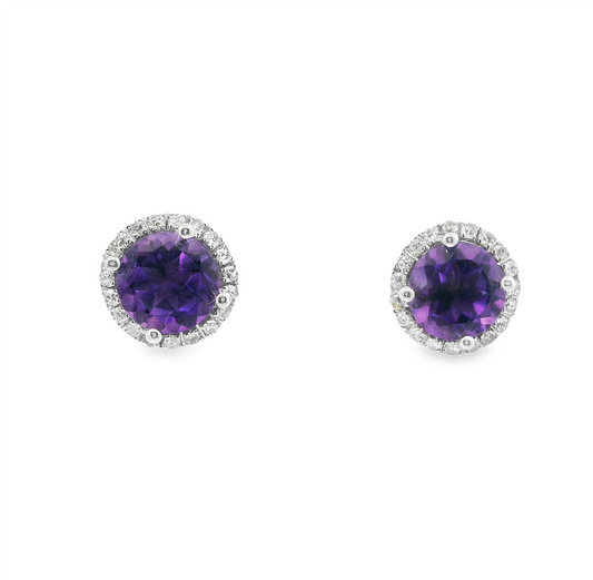 14K White Gold Diamond And Amethyst Halo Earrings