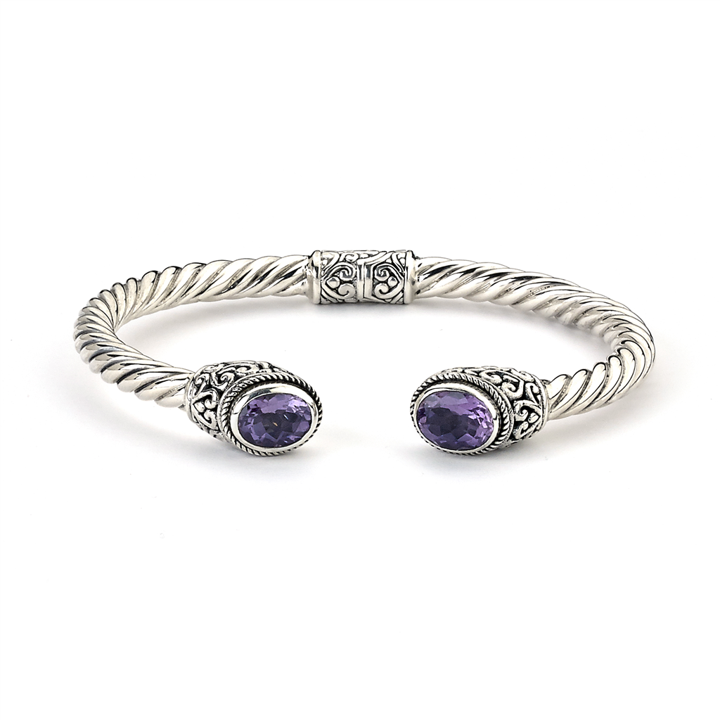 Samuel B Sterling SIlver Oval Amethyst Twisted Bangle Bracelet