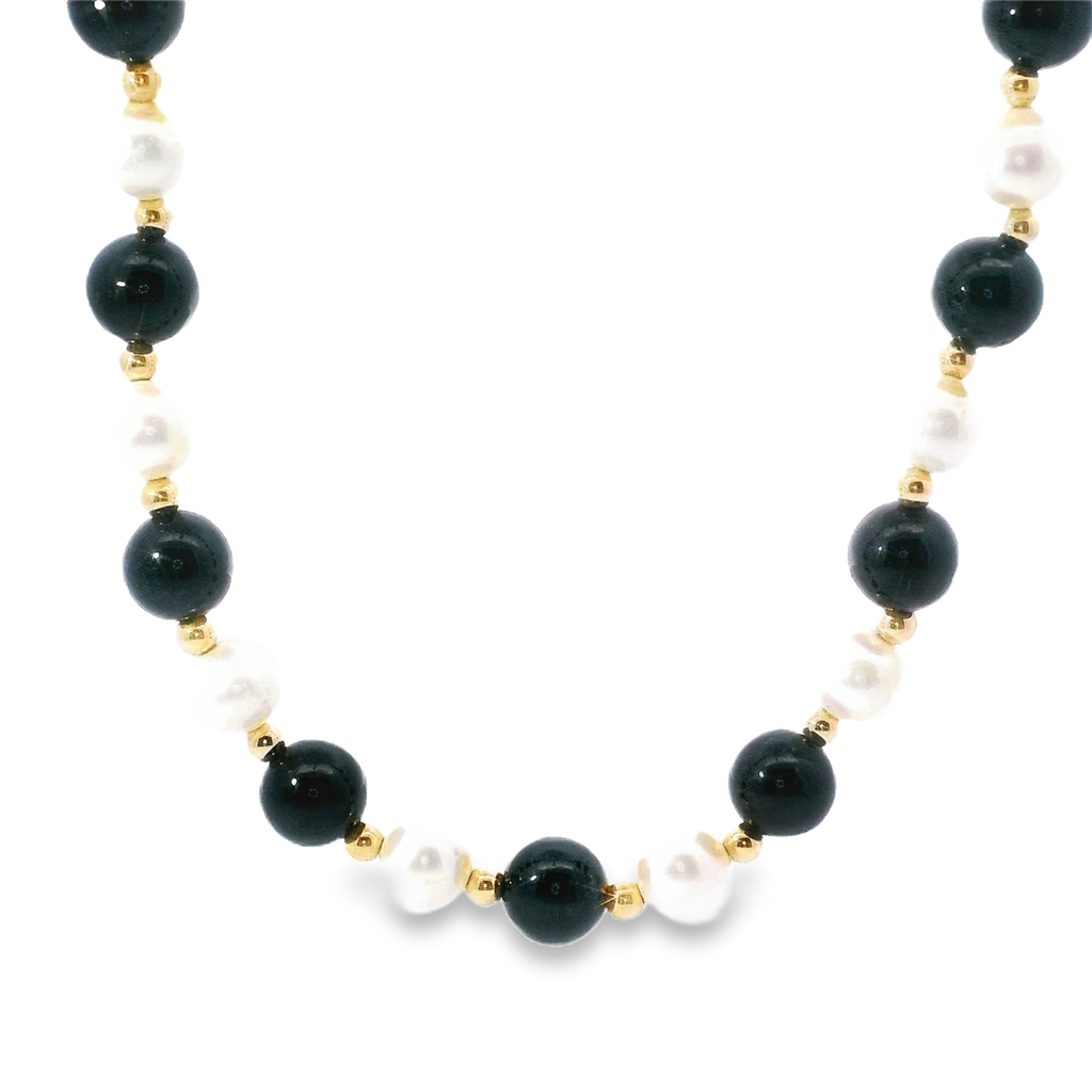 14K Yellow Gold Black Jade And Freshwater Pearl Necklace