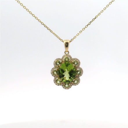 14K Yellow Gold Diamond & Peridot Flower Shaped Pendant Necklace