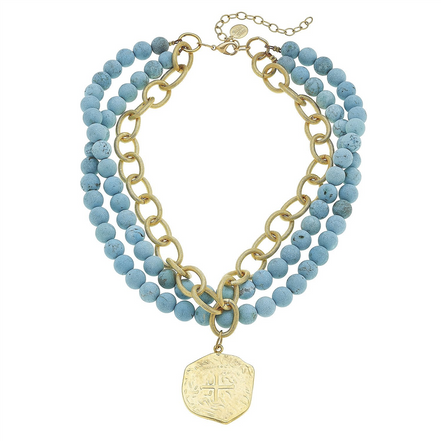 Susan Shaw Multi Strand Turquoise + Coin Necklace