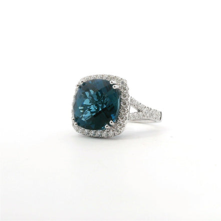 14K White Gold Diamond & London Blue Checkerboard Cushion Cut Fashion Ring