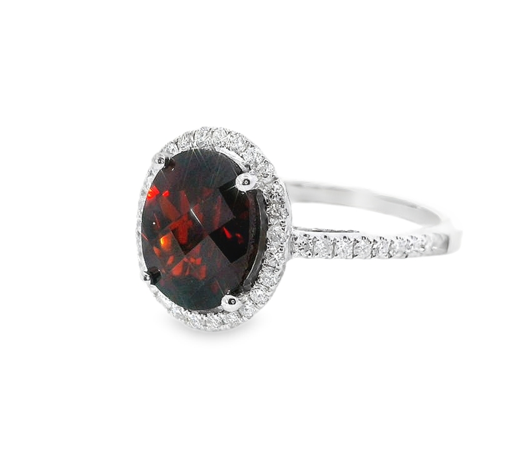 14K White Gold, Diamond And Garnet Oval Shaped Fashion Ring