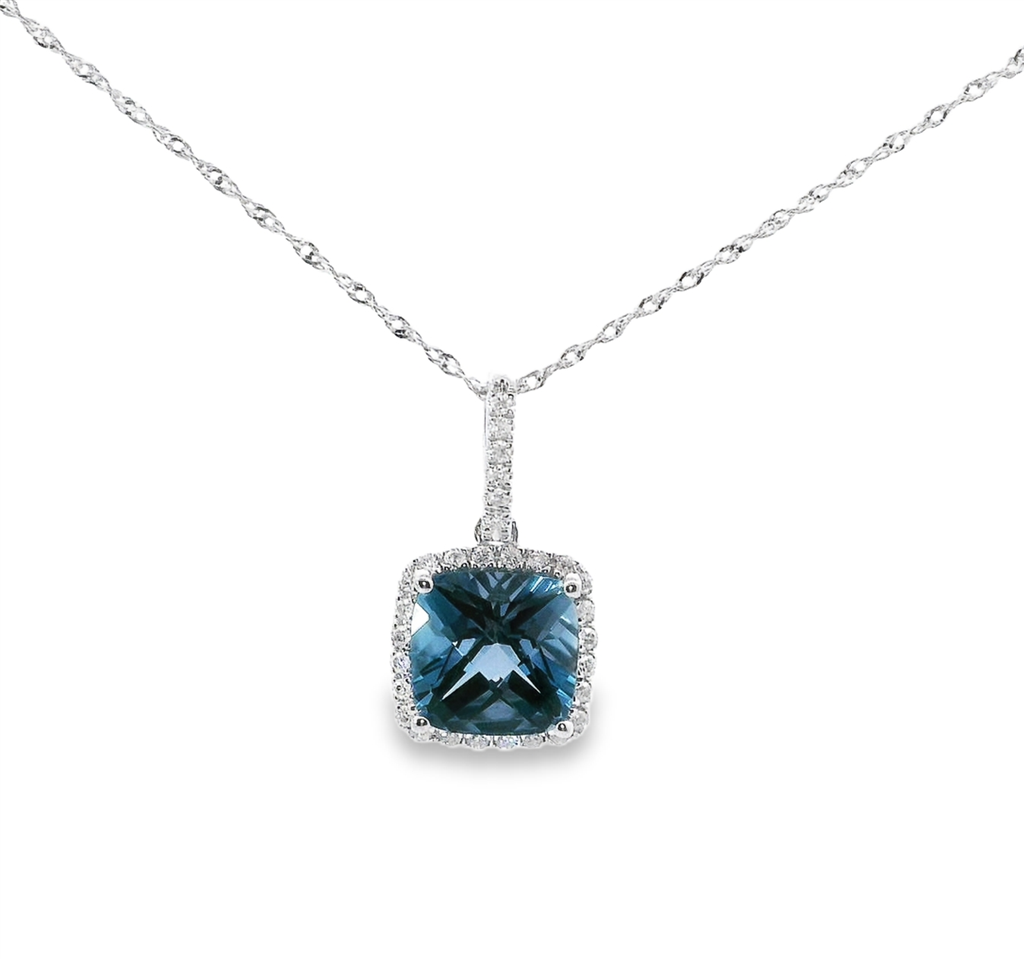 14K White Gold DIamond And London Blue Pendant Necklace