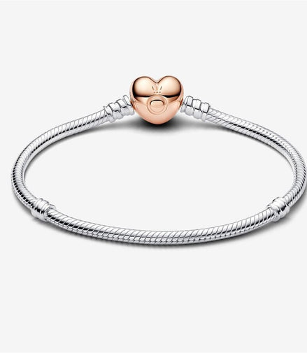 Pandora Monments Rose Heart Clasp Snake Chain Bracelet Size 23