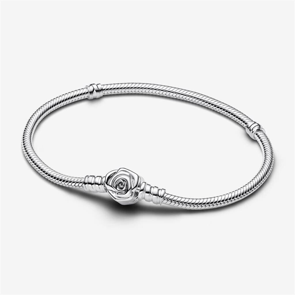 Pandora Moments Rose in Bloom Clasp Snake Chain Bracelet Size 19