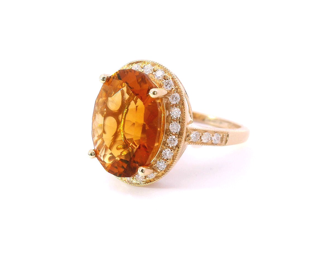 14K Yellow Gold Diamond And Oval Shaped Oval Citrine Fashion Ring