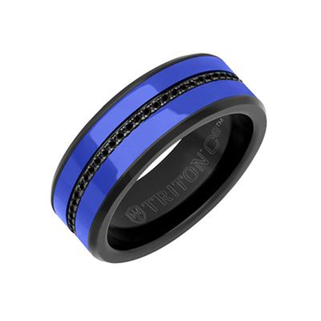 8MM Tungsten Carbide Ring - Ceramic C8 Inlay with Eternity Black Sapphires and Broken Edge Size 10