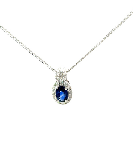 0.25 Ctw Diamond & 0.59 Ctw Sapphire Oval Shaped Pendant Necklace
