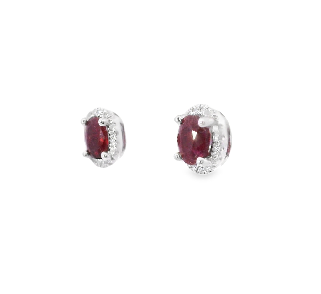 14K White Gold Diamond And Oval Shaped Ruby Earrings