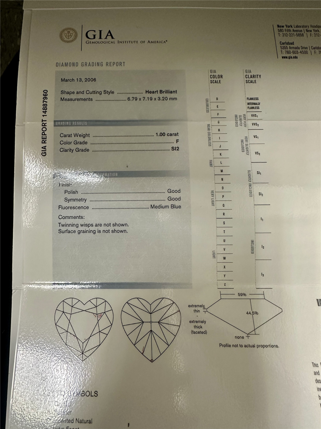 1.0Ct F-Si2 Heart Shaped Diamond Gia Cert