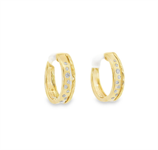 14K Yellow Gold And Diamond Huggie Hoop Earrings