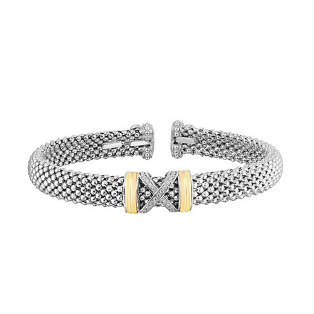 Phillip Gavriel Silver And 18K Gold Diamond Popcorn X Cuff Bangle Bracelet