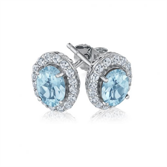 Ladies 14K White Gold Oval Blue Topaz & Diamond Earrings