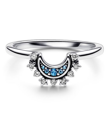 Pandora Celestial Blue Sparkling Moon Ring Size 7.5