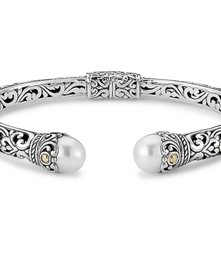 Samuel B Edie Sterling SIlver And 18K White Pearl Balinese Hinged Cuff Bracelet