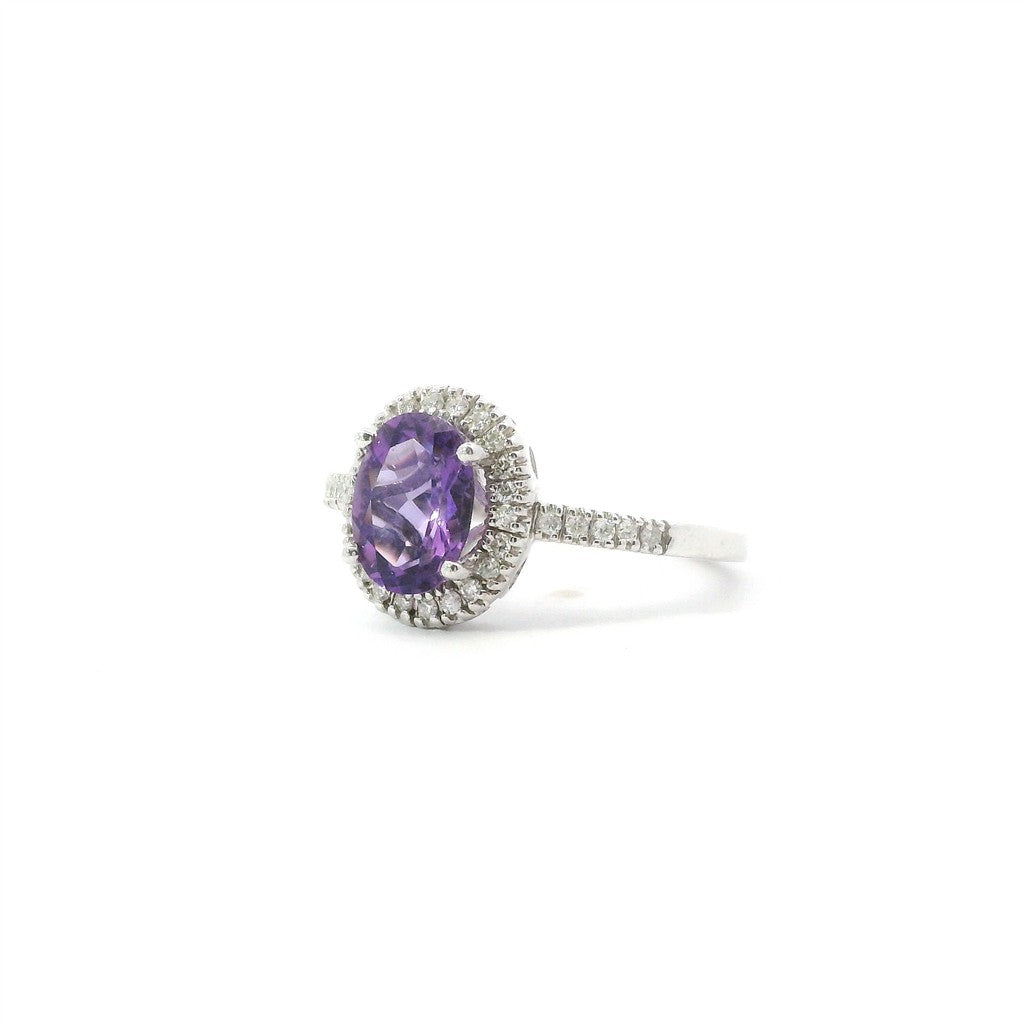 14K White Gold Diamond And Amethyst Oval Halo Fashion Ring