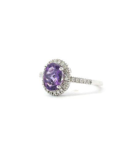 14K White Gold Diamond And Amethyst Oval Halo Fashion Ring