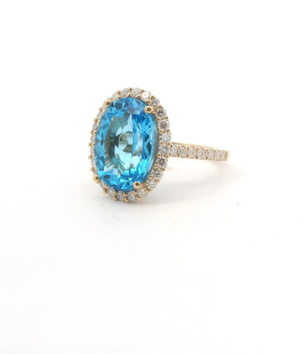 14K Yellow Gold Diamond & Blue Topaz Oval Shaped Fashion Ring