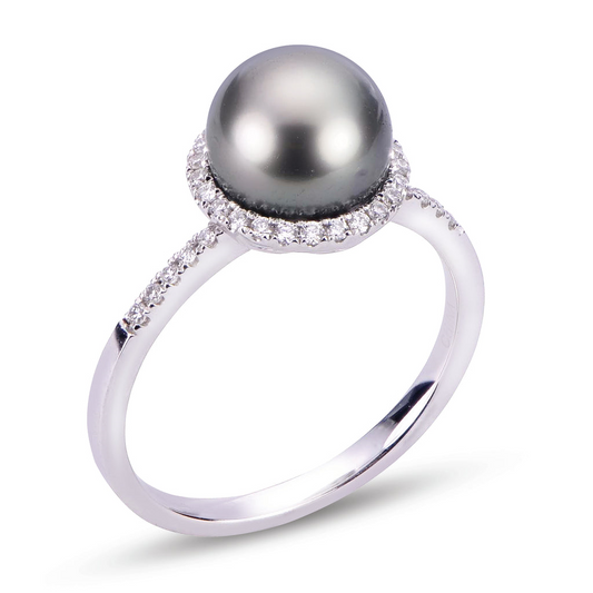 Imperial Pearl 14K Gold Tahitian Pearl And 0.18 CTW Daimond Halo Ring