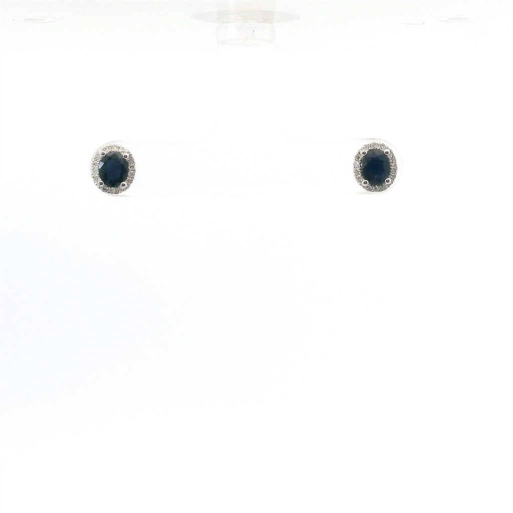 14K White Gold Diamond & Sapphire Oval Stud Earrings