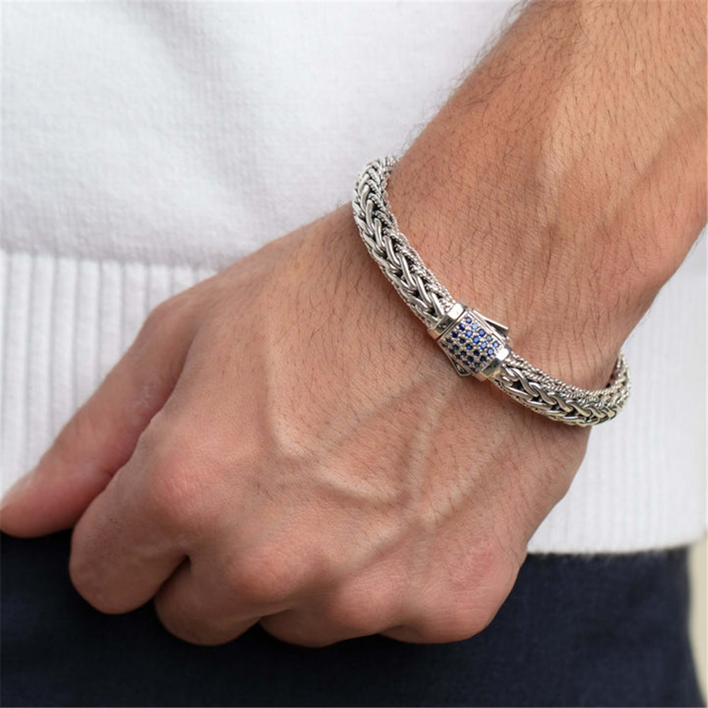 Men's Silver Half Round 9mm Woven Chain Sapphire Bracelet