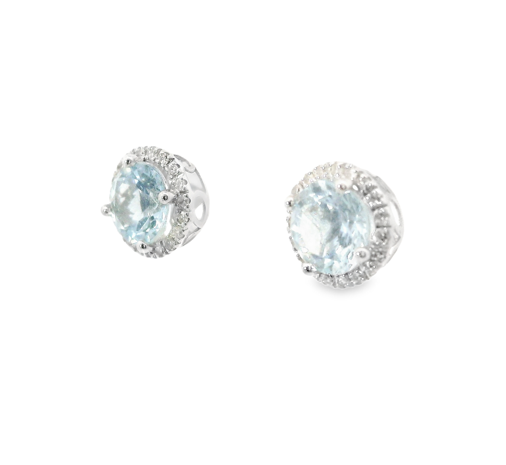 14K White Gold Diamond And Aquamarine Round Halo Earrings