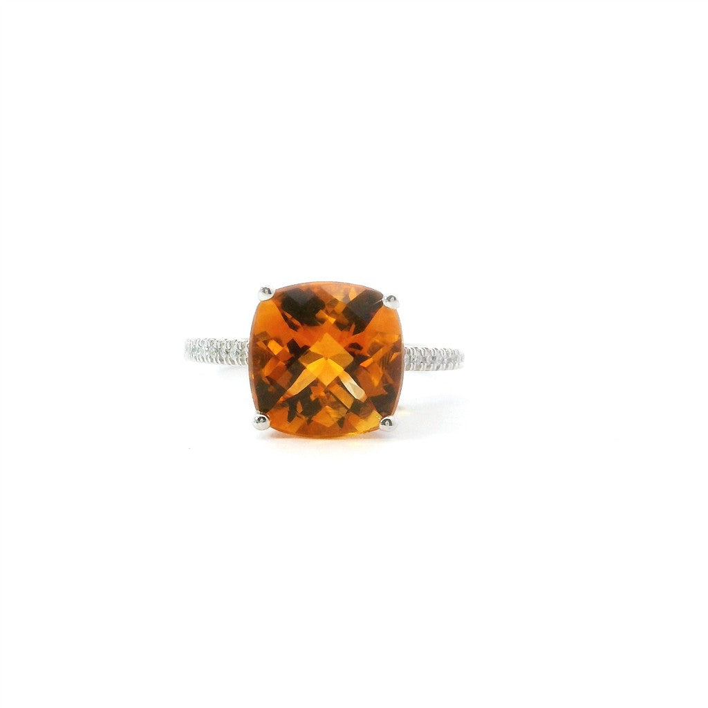 14K White Gold Diamond And Citrine Cushion Cut Fashion Ring