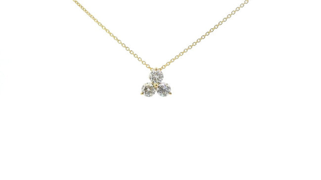 14K Yellow Gold 1 CT Diamond Three Stone Cluster Pendant Necklace