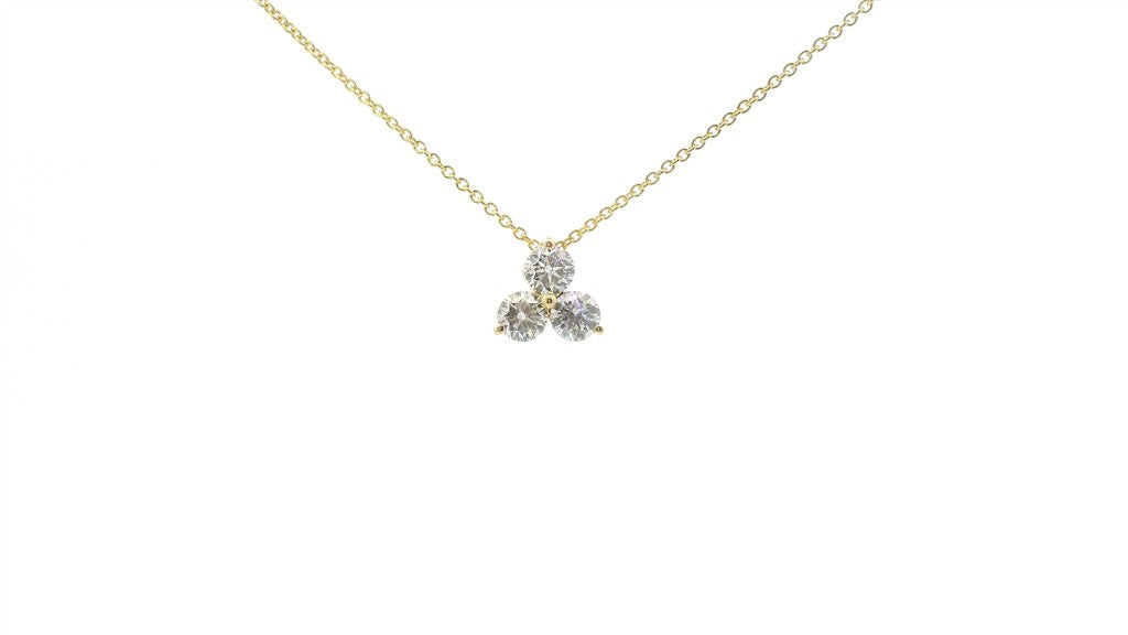 14K Yellow Gold 1 CT Diamond Three Stone Cluster Pendant Necklace