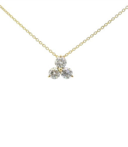 14K Yellow Gold 1 CT Diamond Three Stone Cluster Pendant Necklace
