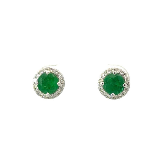 Ladies 14K White Gold Emerald And Diamond Round Earrings