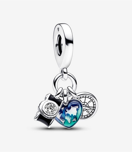 Pandora Moments Camera, Heart & Compass Triple Dangle Charm