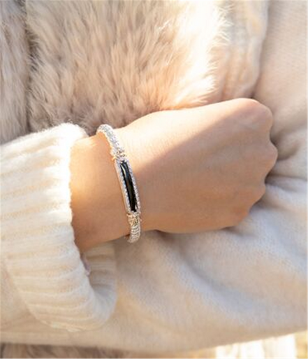 Vahan 14K Gold And Sterling Silver Black Onxy And Diamond 4mm Closed Bracelet