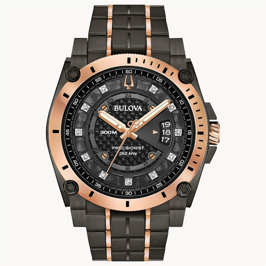 Bulova Men's Icon Precisionist Rose Gold Tone Black Diamond Dial Watch