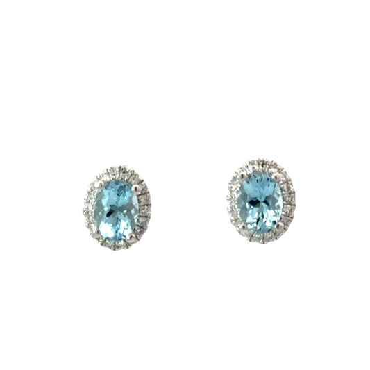 Ladies 14K White Gold Aquamarine And Diamond Oval Earrings
