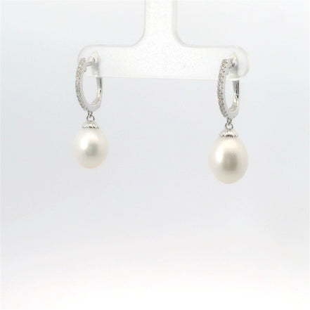 14K White Gold Diamond & Pearl Drop Dangle Earrings