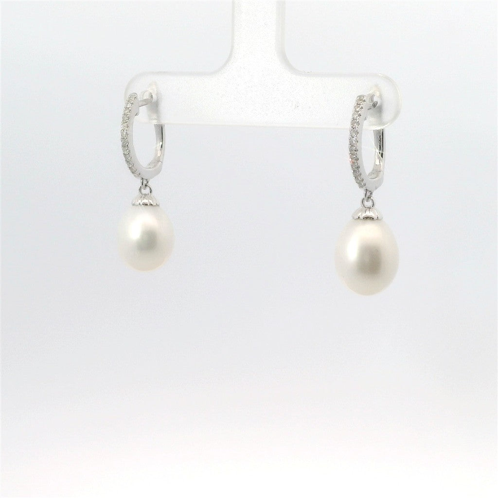 14K White Gold Diamond & Pearl Drop Dangle Earrings
