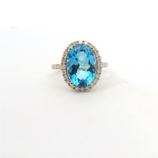 14K Yellow Gold Diamond & Blue Topaz Oval Shaped Fashion Ring
