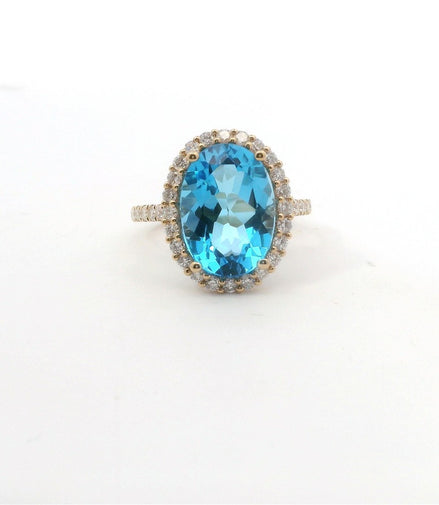 14K Yellow Gold Diamond & Blue Topaz Oval Shaped Fashion Ring