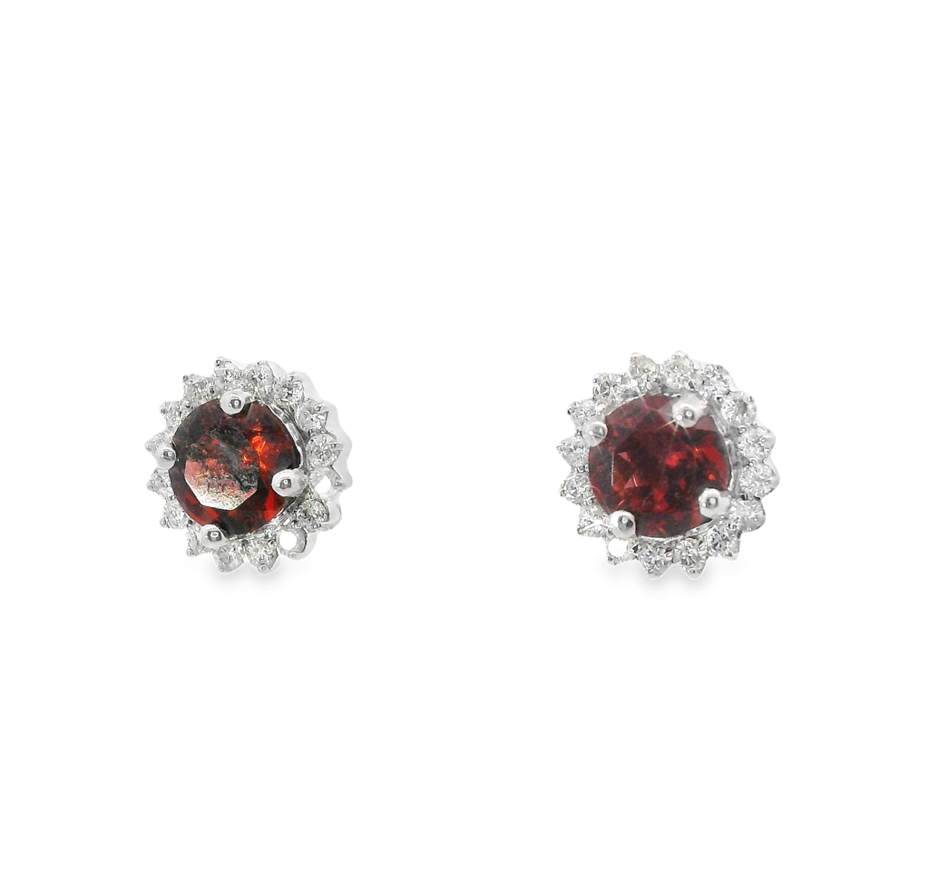 Ladies 14K White Gold Garnet And Diamond Round Earrings