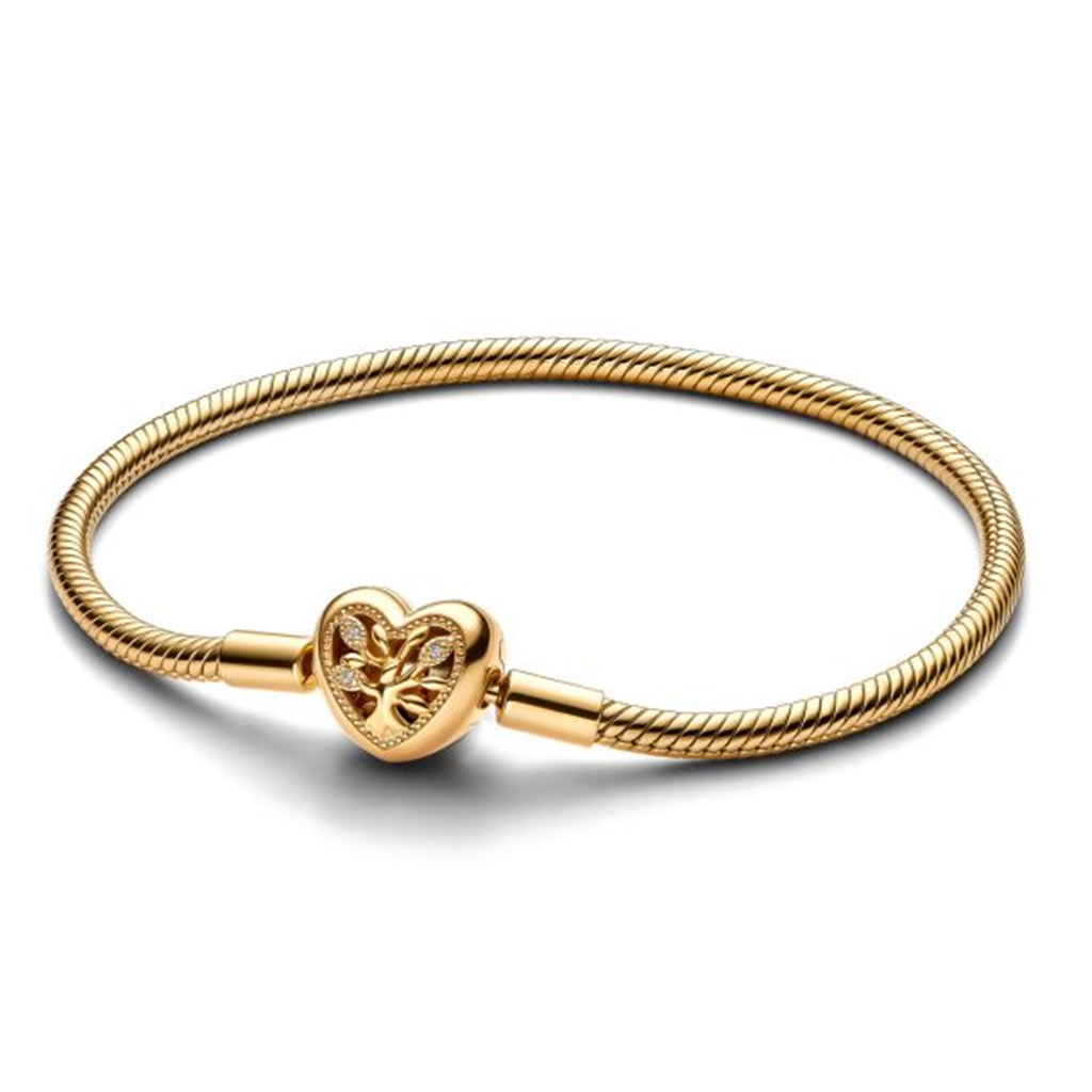 Pandora Moments Gold Plated Family Tree Heart Clasp Snake Chain Bracelet Size 16