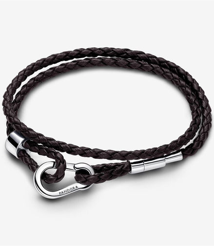 Pandora Moments Brown Braided Double Leather Bracelet Size D2