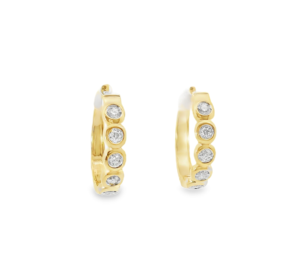 14K Yellow Gold And 5 Stone Diamond Hoop Earrings