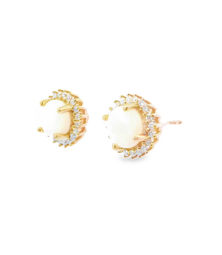 14K Yellow Gold, Diamond And Opal Round Stud Earrings