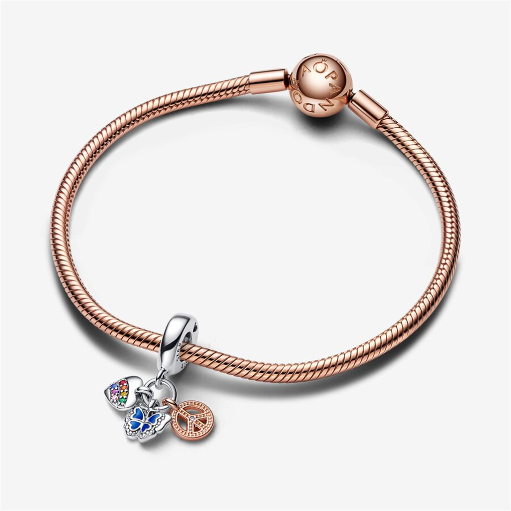 Pandora Moments Two-Tone Rainbow Heart, Butterfly & Peace Triple Dangle Charm