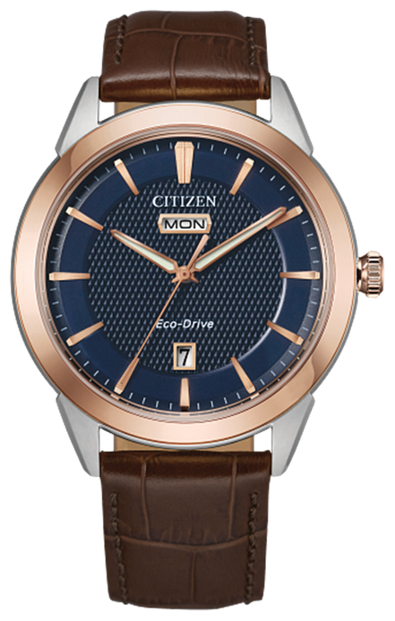 Citizen Men's Rolan Eco-Drive Rose Gold Case With Brown Leather Strap Watch