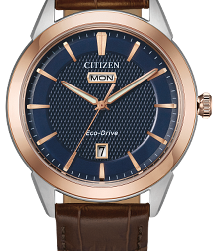 Citizen Men's Rolan Eco-Drive Rose Gold Case With Brown Leather Strap Watch