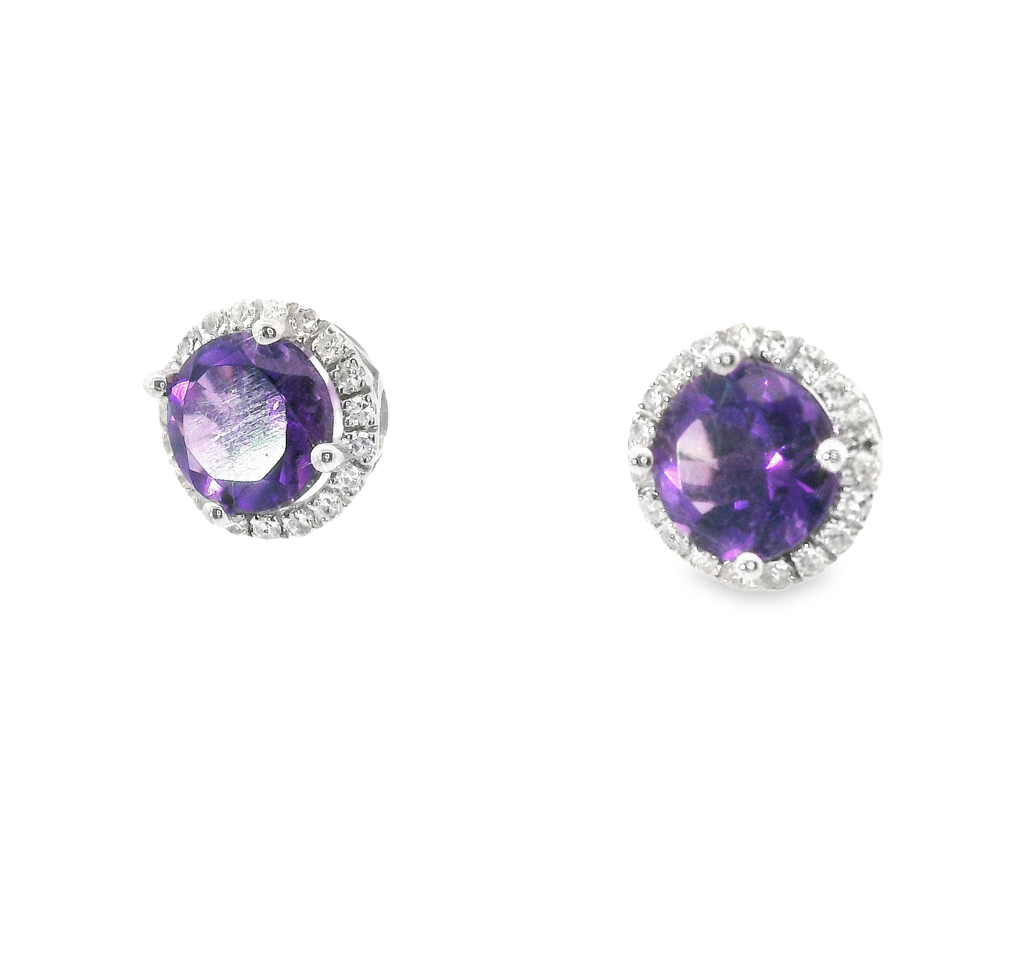 14K White Gold Diamond And Amethyst Halo Earrings